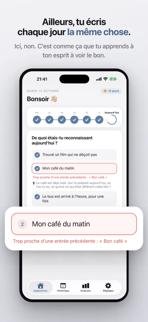 Ailleurs vous écrivez la même chose chaque jour, ici non : la protection anti-répétition signale une entrée similaire