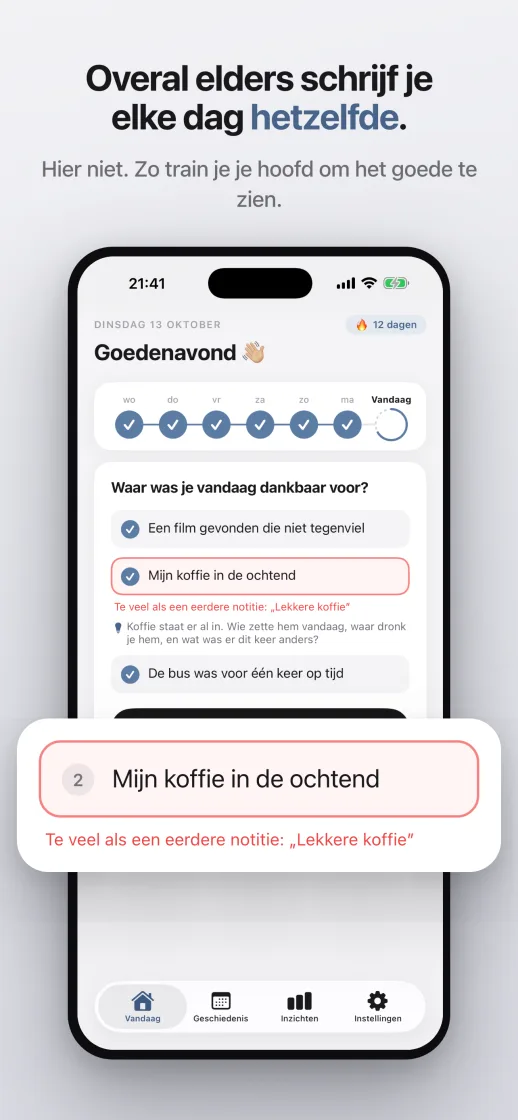 Elders schrijf je elke dag hetzelfde, hier niet: de herhalingsbescherming meldt een vergelijkbare notitie