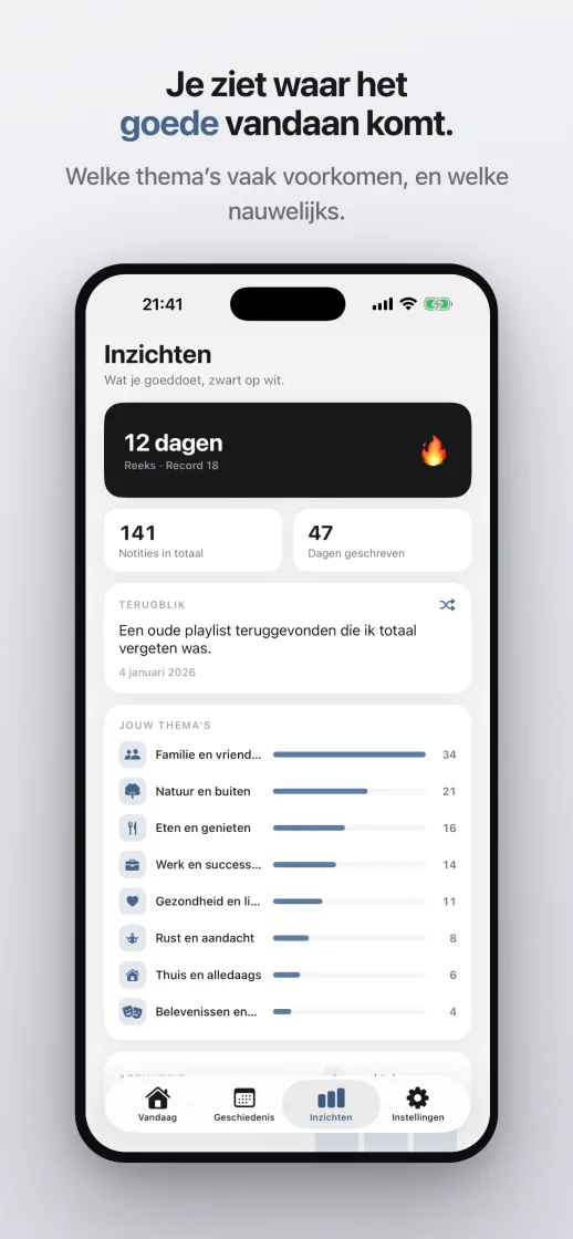 De inzichten: waar je vaak dankbaar voor bent en waar zelden voor, in acht levensgebieden
